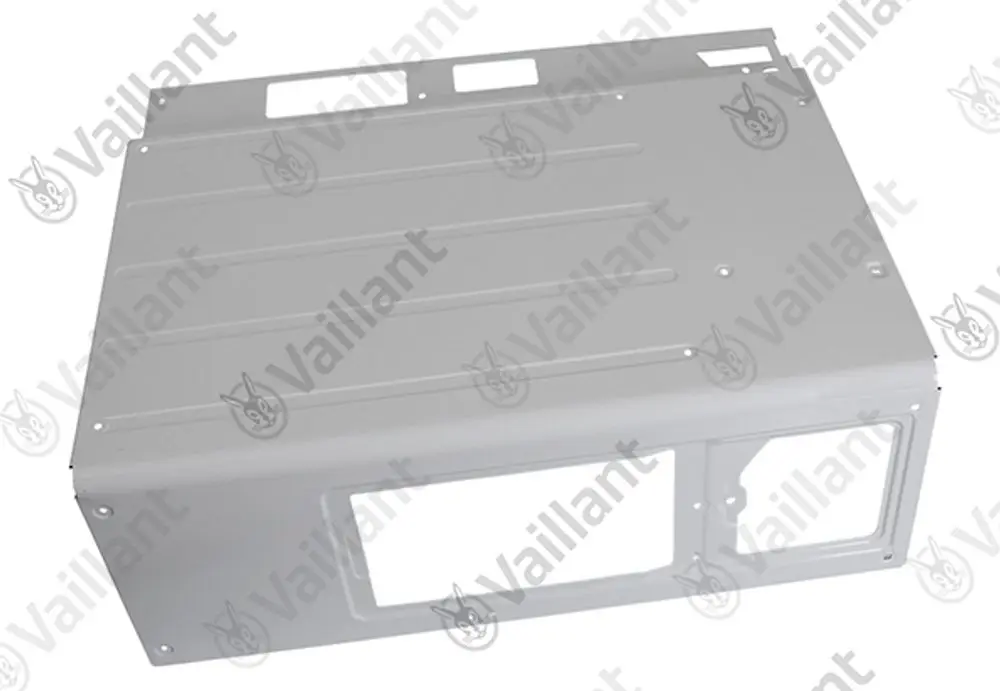 Graues Metallgehäuse von Vaillant mit Aussparungen, geeignet für die Montage. Die Oberfläche ist eben und ohne zusätzliche Beschriftungen oder Details.